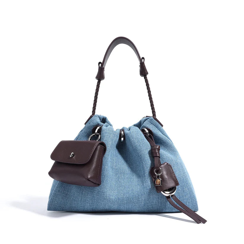 Bolsa Hobo Couro e Denim Urban Chic - Azul